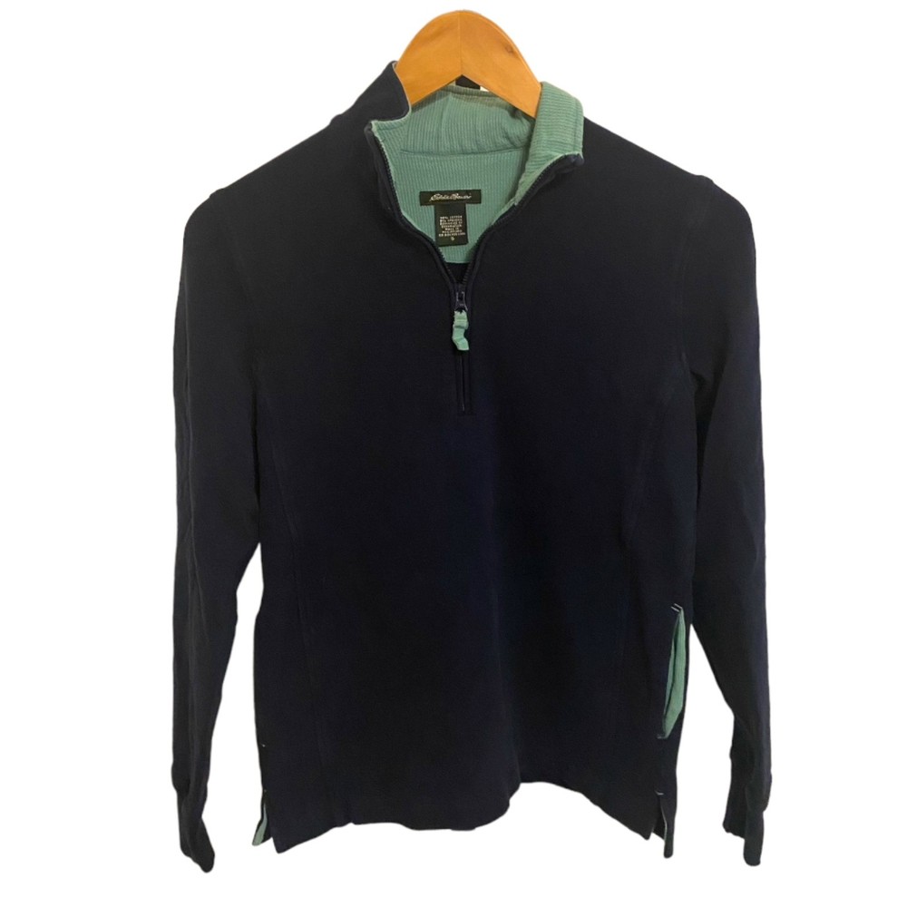 Eddie Bauer classic cotton half-zip sweatshirt‎ navy and teal blue S